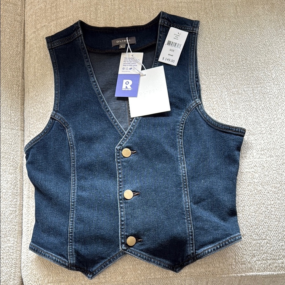 NWT DL1961 Blue Denim Vest with Gold Accents